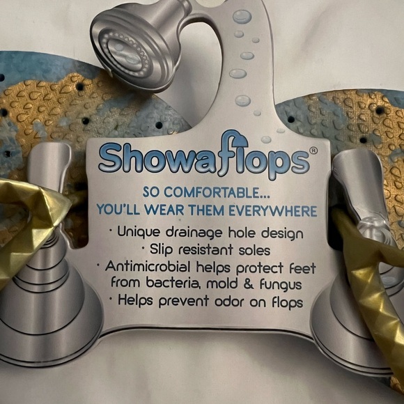 Showaflops Blue and Gold Flip Flops Sz 9/10 EUC - Picture 3 of 3